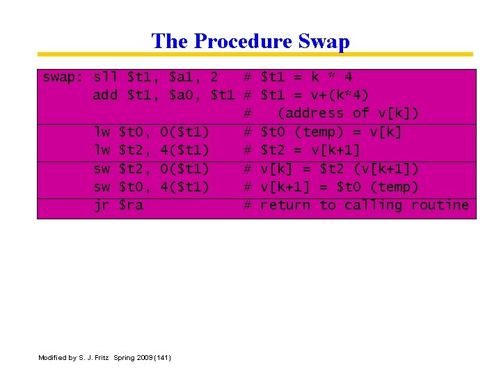 The Procedure Swap swap: sll $t 1, $a 1, 2 # $t 1 =