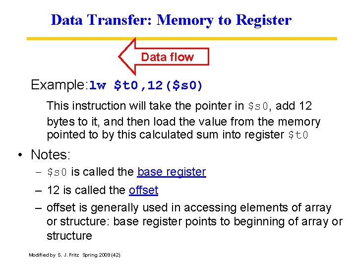 Data Transfer: Memory to Register Data flow Example: lw $t 0, 12($s 0) This