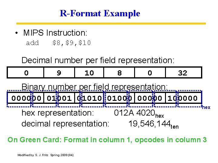 R-Format Example • MIPS Instruction: add $8, $9, $10 Decimal number per field representation: