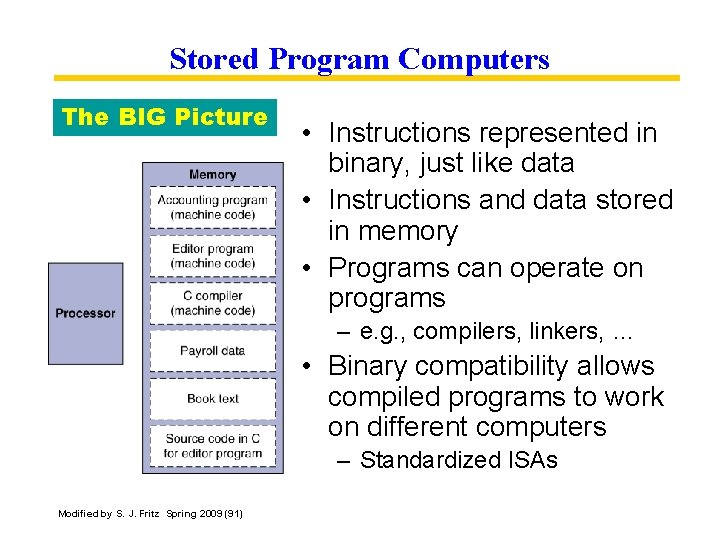 Stored Program Computers The BIG Picture • Instructions represented in binary, just like data