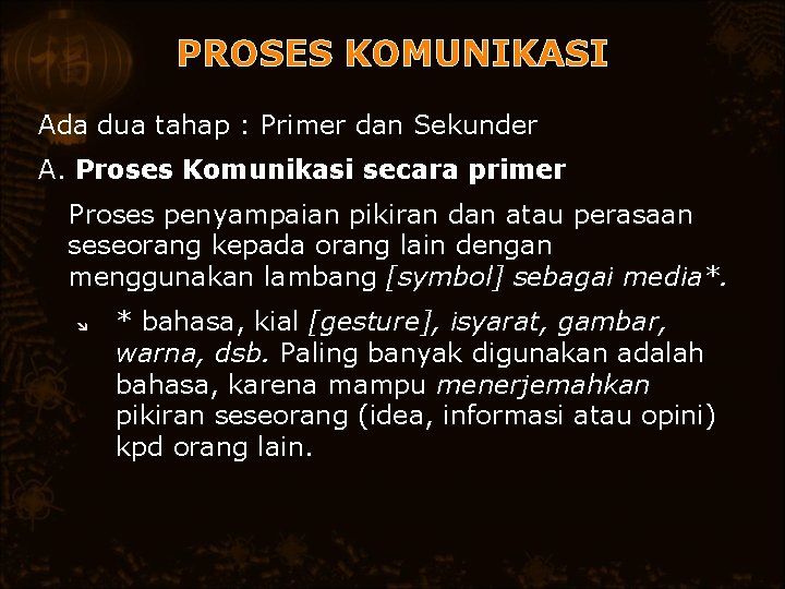 PROSES KOMUNIKASI Ada dua tahap : Primer dan Sekunder A. Proses Komunikasi secara primer