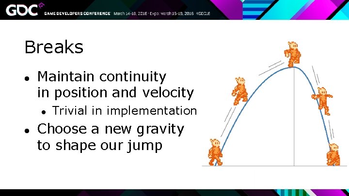 Breaks ● Maintain continuity in position and velocity ● ● Trivial in implementation Choose