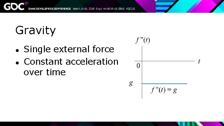 Gravity ● ● Single external force Constant acceleration over time 