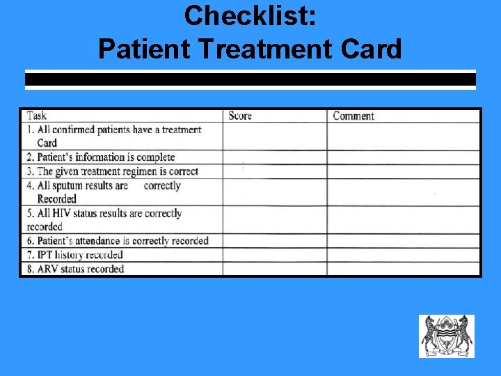 Checklist: Patient Treatment Card 