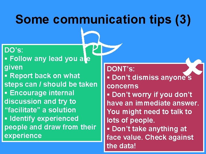 Some communication tips (3) DO’s: § Follow any lead you are given § Report