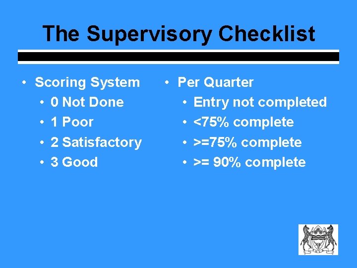 The Supervisory Checklist • Scoring System • 0 Not Done • 1 Poor •