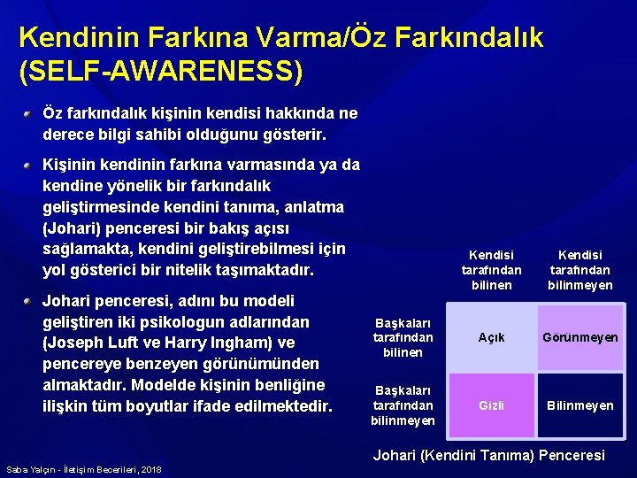 Kendinin Farkına Varma/Öz Farkındalık (SELF-AWARENESS) Öz farkındalık kişinin kendisi hakkında ne derece bilgi sahibi