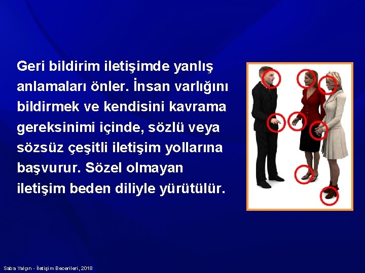 Geri bildirim iletişimde yanlış anlamaları önler. İnsan varlığını bildirmek ve kendisini kavrama gereksinimi içinde,