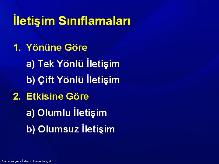 İletişim Sınıflamaları 1. Yönüne Göre a) Tek Yönlü İletişim b) Çift Yönlü İletişim 2.