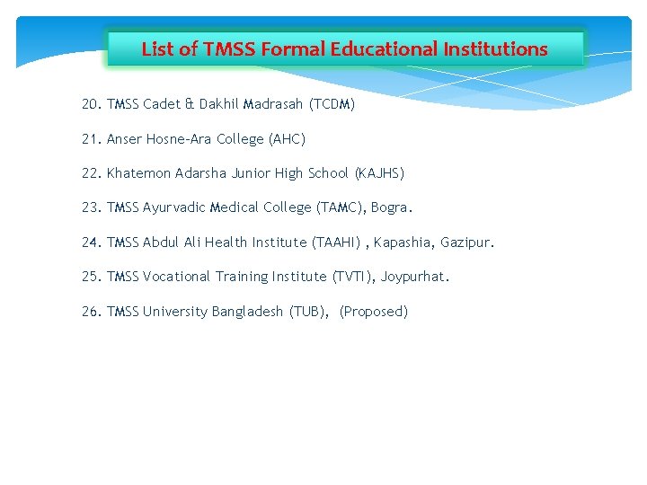 List of TMSS Formal Educational Institutions 20. TMSS Cadet & Dakhil Madrasah (TCDM) 21.