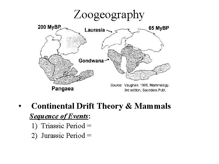 Zoogeography • Continental Drift Theory & Mammals Sequence of Events: 1) Triassic Period =