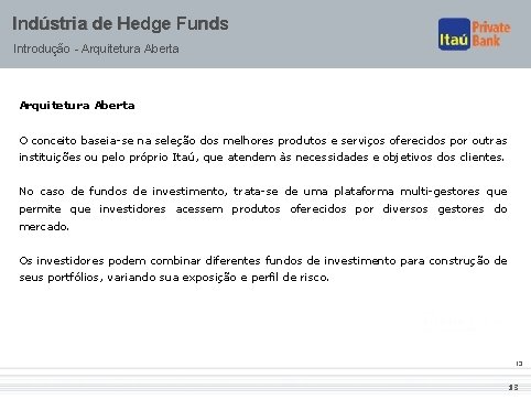 Indústria de Hedge Funds Introdução - Arquitetura Aberta O conceito baseia-se na seleção dos