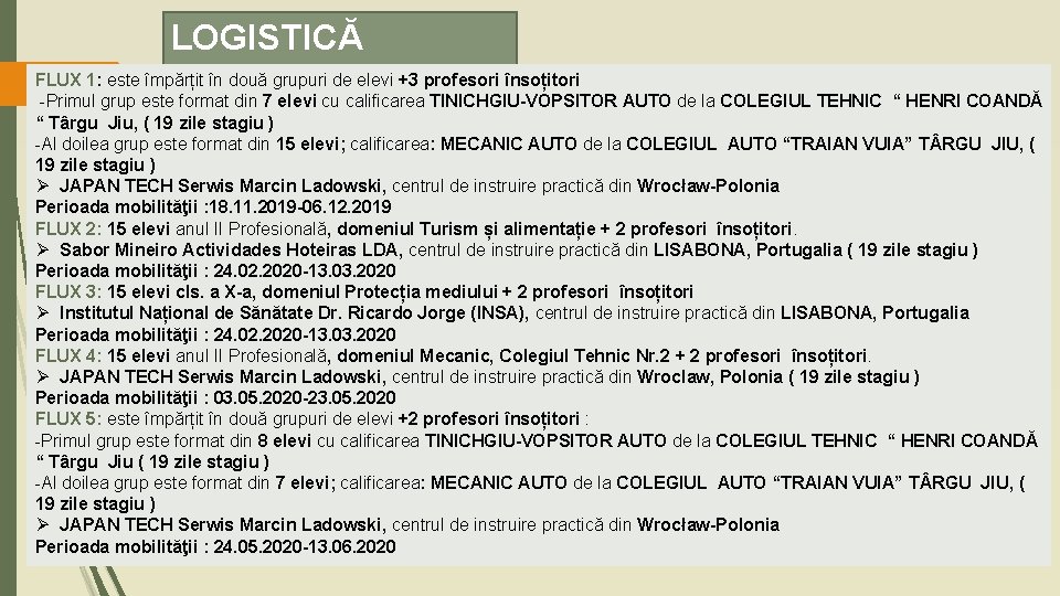 LOGISTICĂ FLUX 1: este împărțit în două grupuri de elevi +3 profesori însoțitori FLUXURI