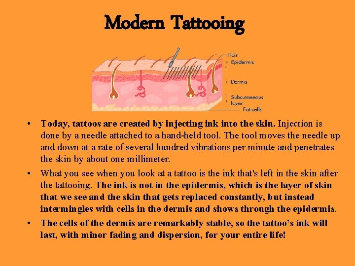 Modern Tattooing • Today, tattoos are created by injecting ink into the skin. Injection