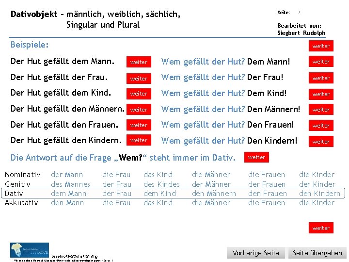 Übungsart: Dativobjekt – männlich, weiblich, sächlich, Seite: Singular und Plural 3 Bearbeitet von: Siegbert