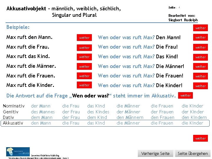 Übungsart: Akkusativobjekt – männlich, weiblich, sächlich, Seite: Singular und Plural 4 Bearbeitet von: Siegbert