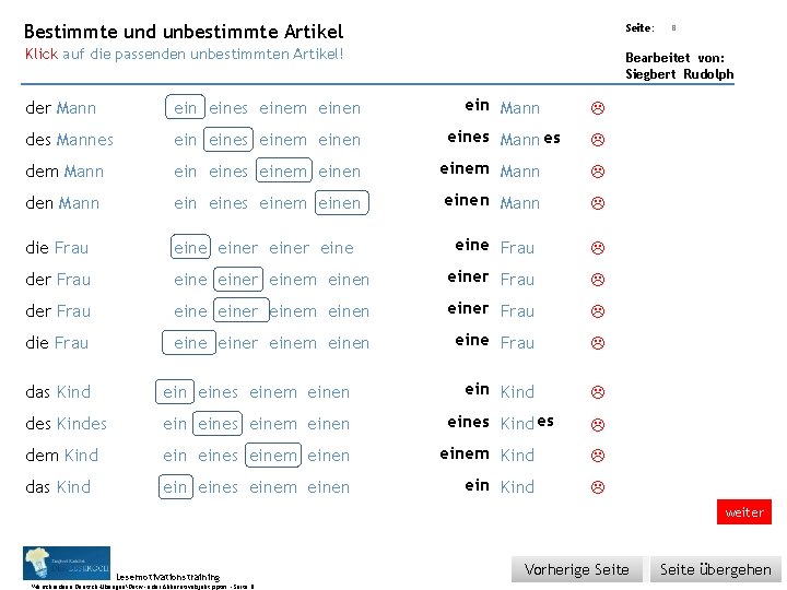 Übungsart: Bestimmte und unbestimmte Artikel Seite: Klick auf die passenden unbestimmten Artikel! Bearbeitet von: