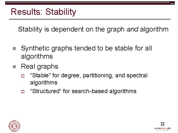 Results: Stability is dependent on the graph and algorithm n n Synthetic graphs tended