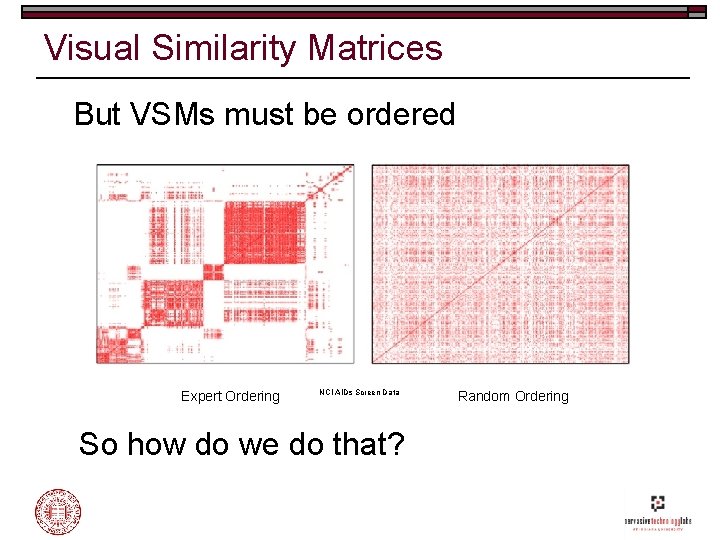 Visual Similarity Matrices But VSMs must be ordered Expert Ordering NCI AIDs Screen Data