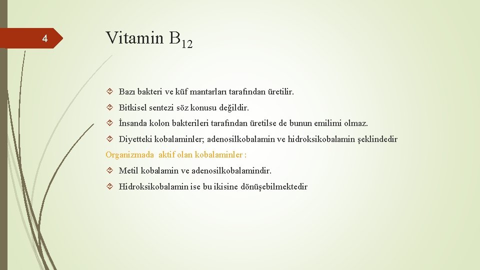 4 Vitamin B 12 Bazı bakteri ve küf mantarları tarafından üretilir. Bitkisel sentezi söz