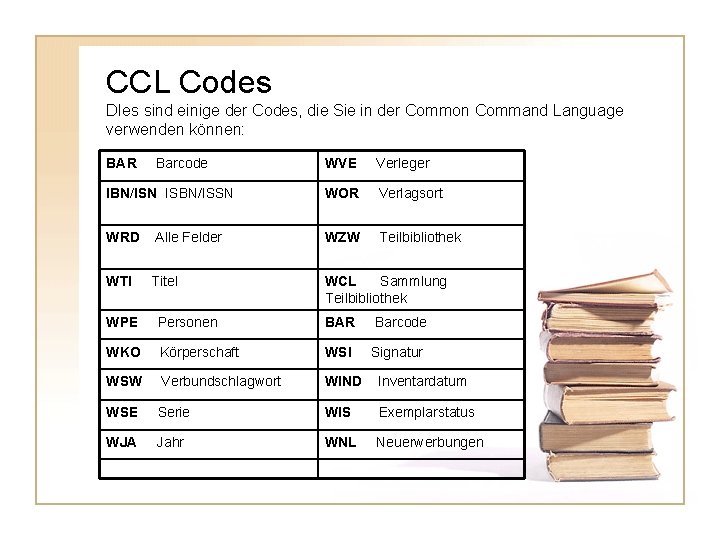 CCL Codes DIes sind einige der Codes, die Sie in der Common Command Language