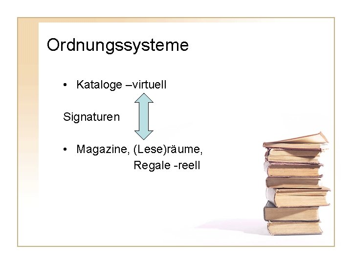 Ordnungssysteme • Kataloge –virtuell Signaturen • Magazine, (Lese)räume, Regale -reell 