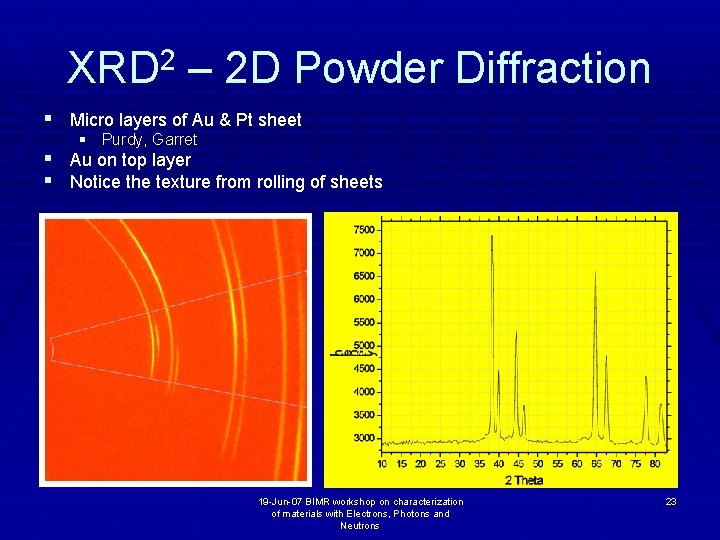 XRD 2 – 2 D Powder Diffraction § Micro layers of Au & Pt