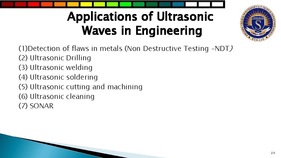 Applications of Ultrasonic Waves in Engineering (1)Detection of flaws in metals (Non Destructive Testing