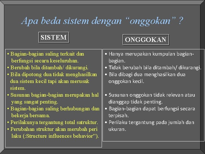 Apa beda sistem dengan “onggokan” ? SISTEM • Bagian-bagian saling terkait dan berfungsi secara Apa beda sistem dengan “onggokan” ? SISTEM • Bagian-bagian saling terkait dan berfungsi secara