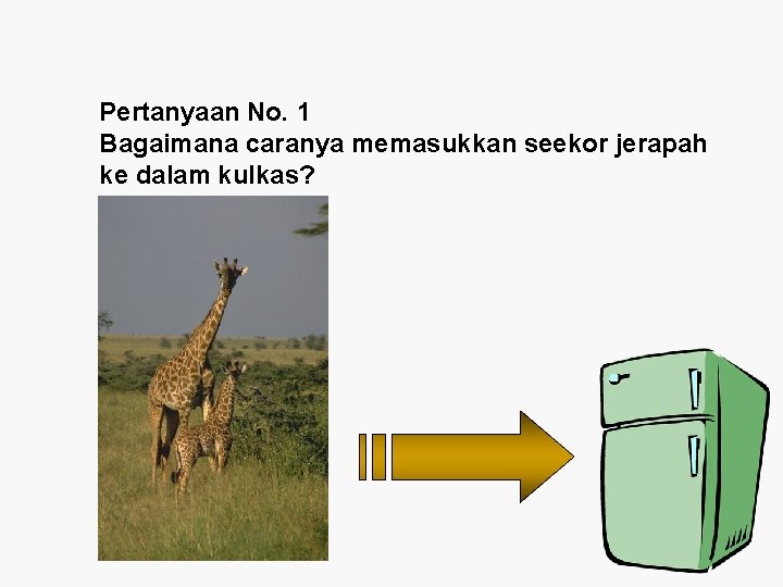 Pertanyaan No. 1 Bagaimana caranya memasukkan seekor jerapah ke dalam kulkas? Pertanyaan No. 1 Bagaimana caranya memasukkan seekor jerapah ke dalam kulkas?
