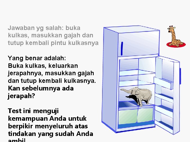 Jawaban yg salah: buka kulkas, masukkan gajah dan tutup kembali pintu kulkasnya Yang benar Jawaban yg salah: buka kulkas, masukkan gajah dan tutup kembali pintu kulkasnya Yang benar