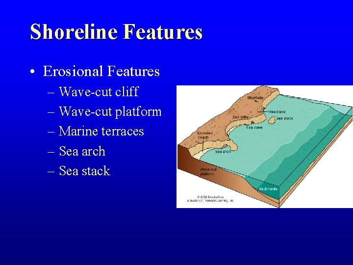 Shoreline Features • Erosional Features – Wave-cut cliff – Wave-cut platform – Marine terraces