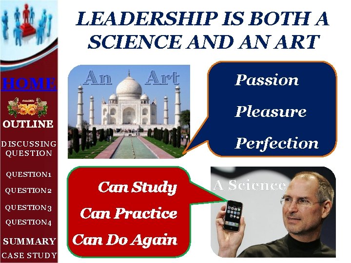 LEADERSHIP IS BOTH A SCIENCE AND AN ART HOME An Art Pleasure OUTLINE Perfection