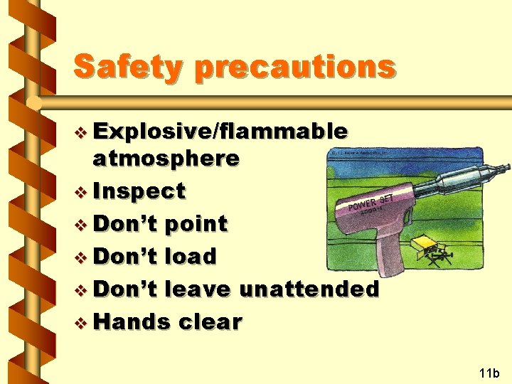 Safety precautions v Explosive/flammable atmosphere v Inspect v Don’t point v Don’t load v
