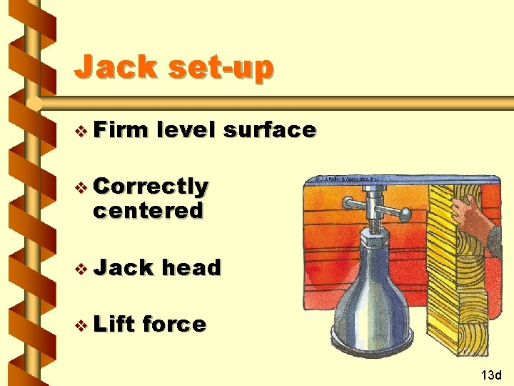 Jack set-up v Firm level surface v Correctly centered v Jack v Lift head