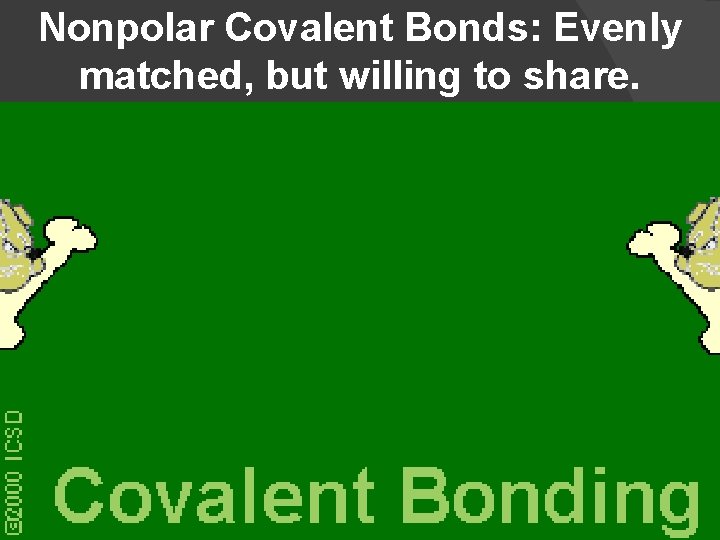 Nonpolar Covalent Bonds: Evenly matched, but willing to share. 