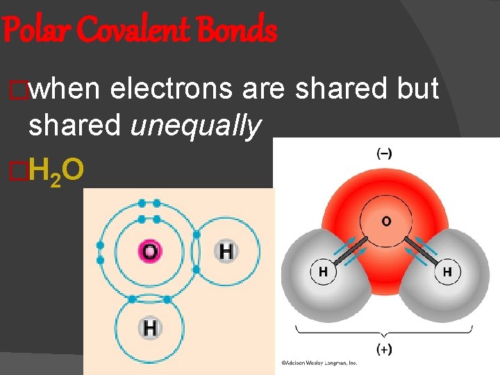 Polar Covalent Bonds �when electrons are shared but shared unequally �H 2 O 