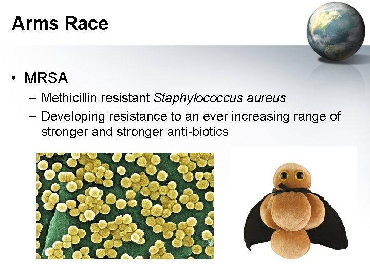 Arms Race • MRSA – Methicillin resistant Staphylococcus aureus – Developing resistance to an