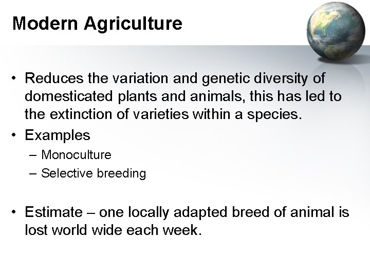 Modern Agriculture • Reduces the variation and genetic diversity of domesticated plants and animals,