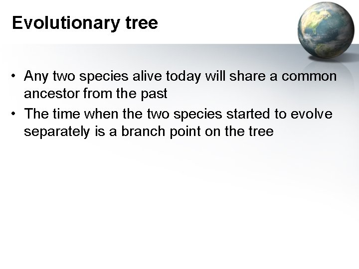 Evolutionary tree • Any two species alive today will share a common ancestor from
