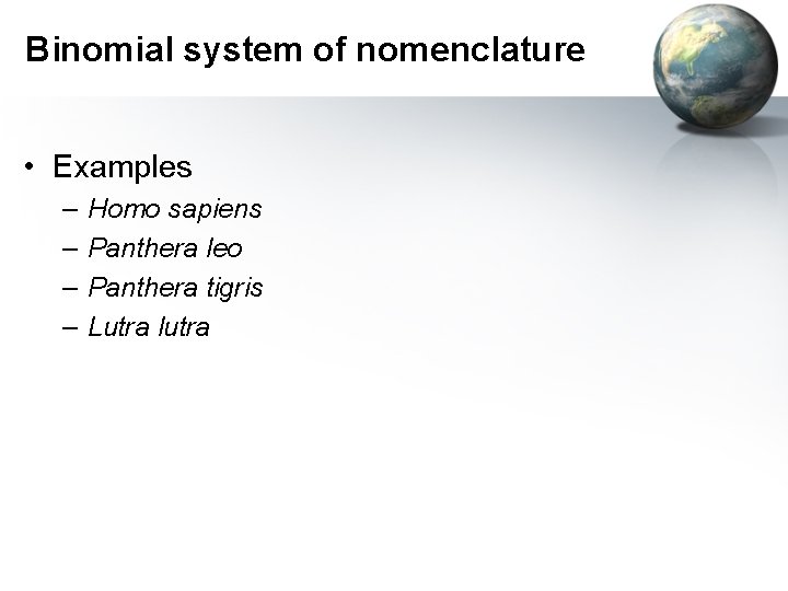 Binomial system of nomenclature • Examples – – Homo sapiens Panthera leo Panthera tigris