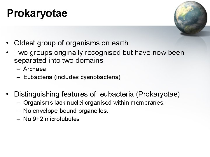 Prokaryotae • Oldest group of organisms on earth • Two groups originally recognised but