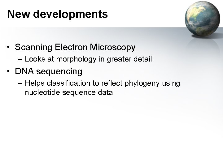 New developments • Scanning Electron Microscopy – Looks at morphology in greater detail •
