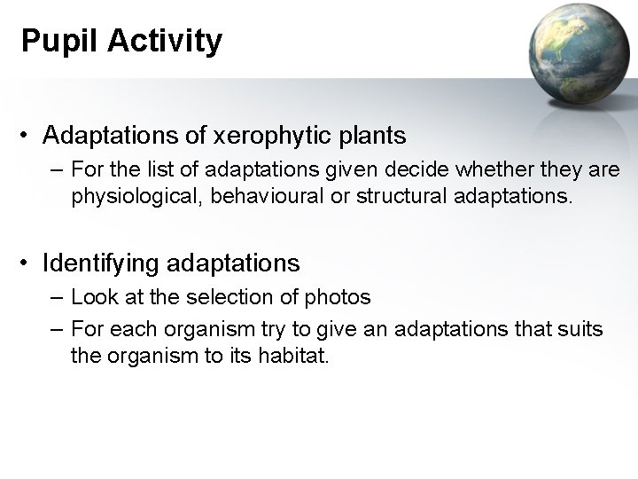 Pupil Activity • Adaptations of xerophytic plants – For the list of adaptations given
