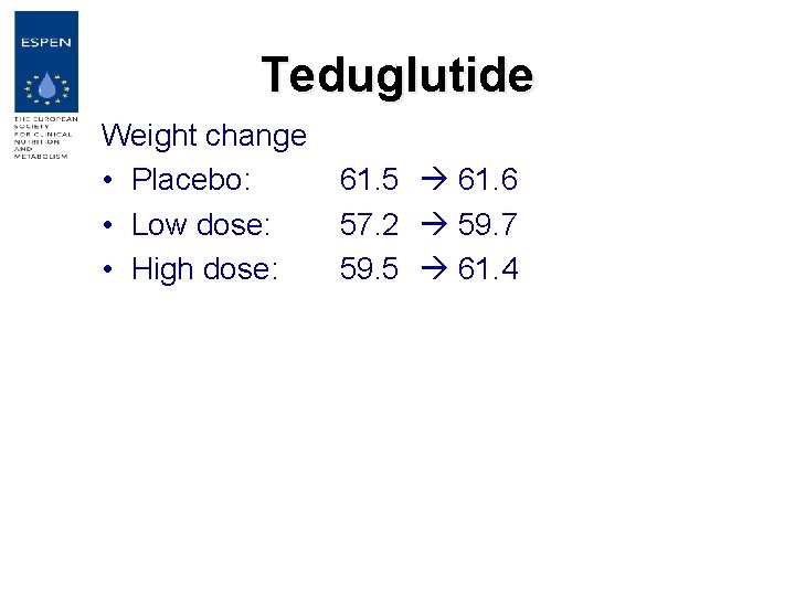 Teduglutide Weight change • Placebo: • Low dose: • High dose: 61. 5 61.
