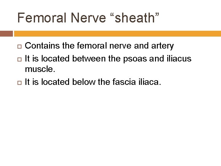 Femoral Nerve “sheath” Contains the femoral nerve and artery It is located between the