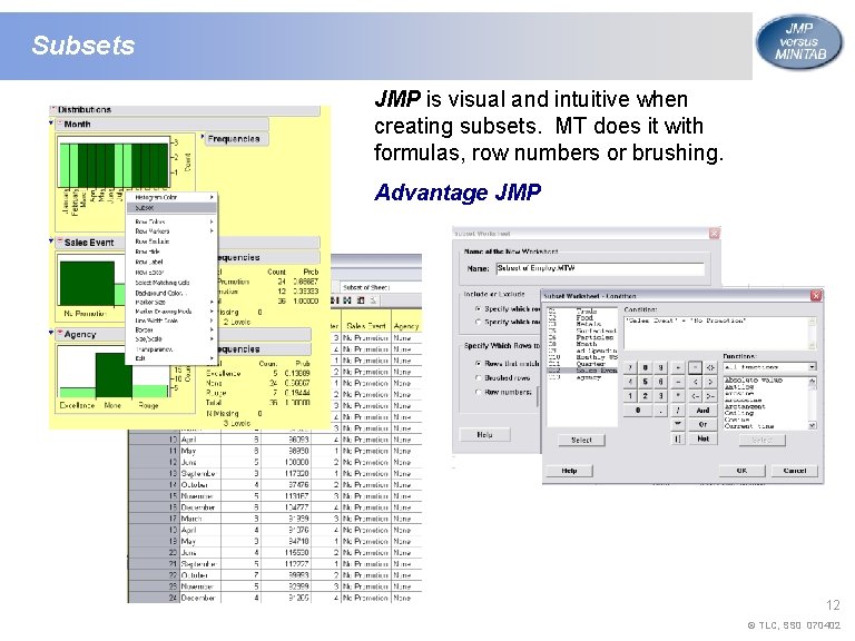 Subsets JMP is visual and intuitive when creating subsets. MT does it with formulas,