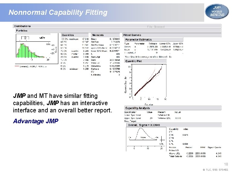 Nonnormal Capability Fitting File: Skewed JMP and MT have similar fitting capabilities, JMP has