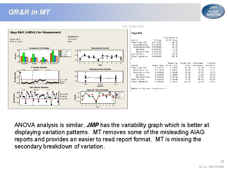 GR&R in MT File: Gage study ANOVA analysis is similar, JMP has the variability