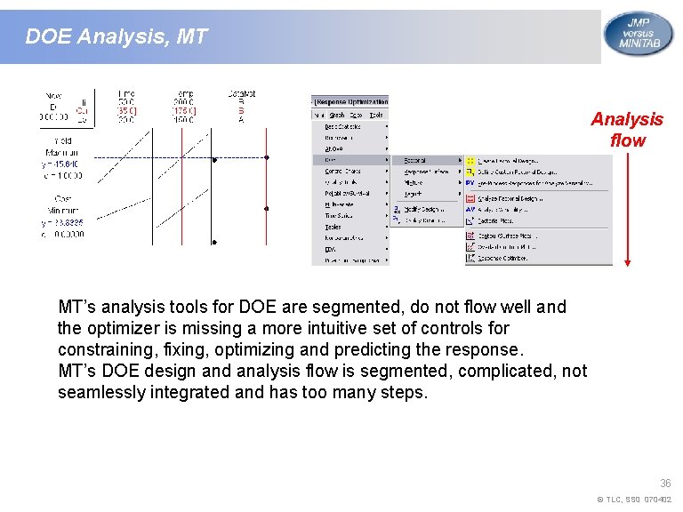 DOE Analysis, MT Analysis flow MT’s analysis tools for DOE are segmented, do not
